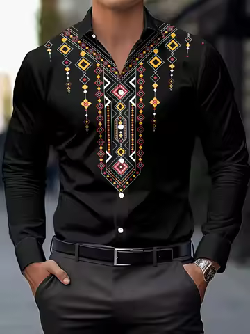 Men's Long Sleeve Linen Shirt Art 3D Striped Grid Print Fashion Button Comfortable Fabric Spring Summer