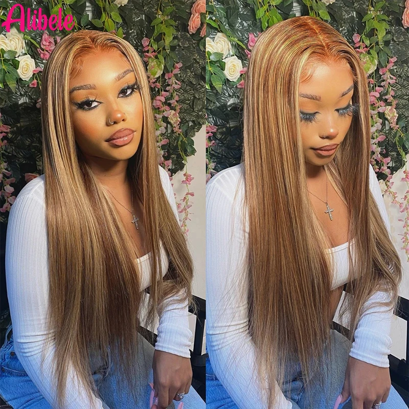 

Alibele Highglight Wigs 13X4 Transparent Lace Frontal Wig 100% Human Hair Wigs P4/27 Ombre Colored Wigs 12A 28 30 inches