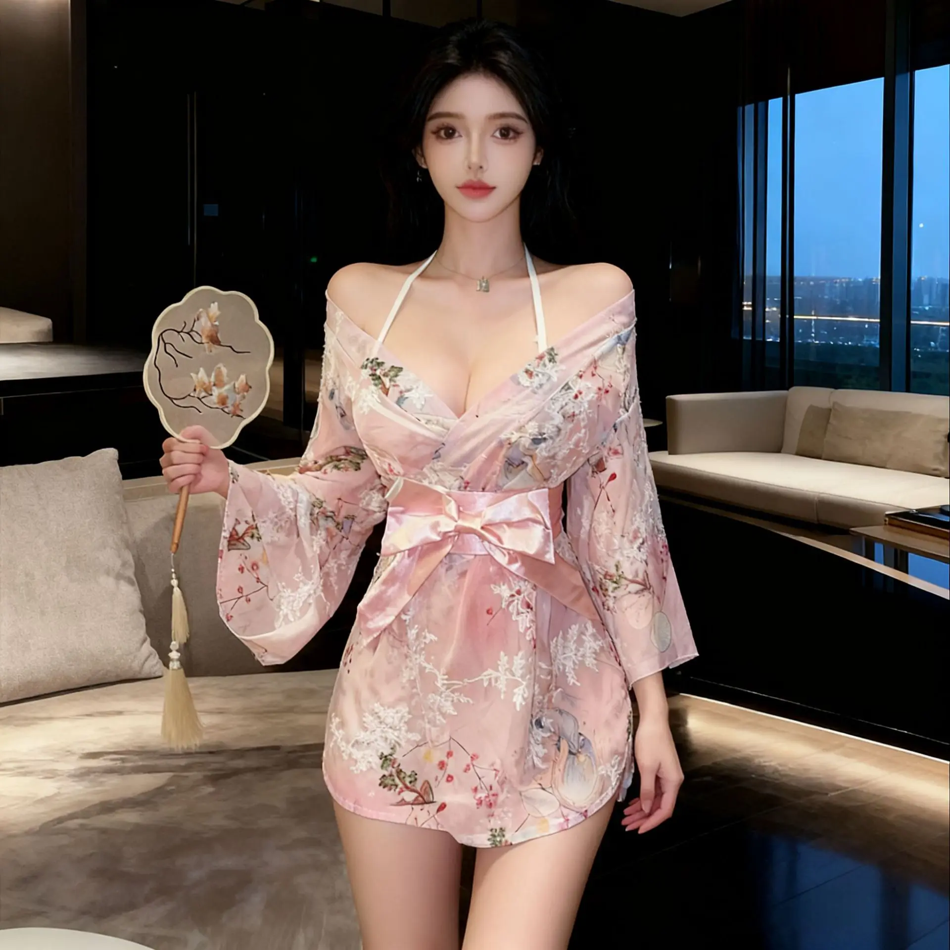 

Сексуальное японское кимоно, комплект нижнего белья для ролевых игр, прозрачный кардиган, сетчатая ткань с принтом, соблазнительное волокно без хлора, новая модель