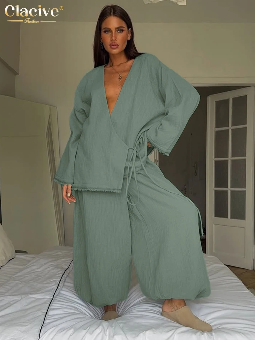 Clacive Casual Loose Green Cotton 2 Pieces Set For Woman 2027 Elegant Long Sleeve Robes With High Waist Wide Pants Set Female