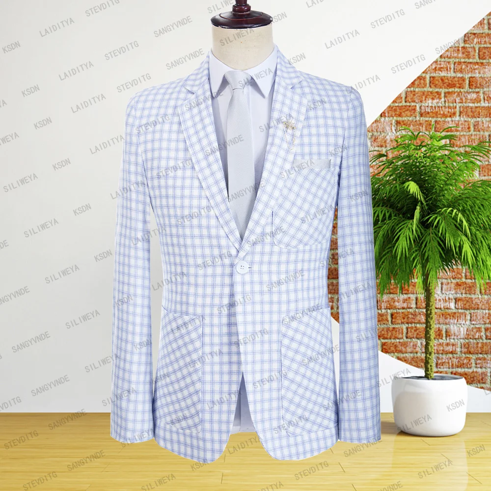 

Male Wedding New 2023 Summer Business Formal Blue Plaid Linen Luxury Fit Coat Men Dress Blazers