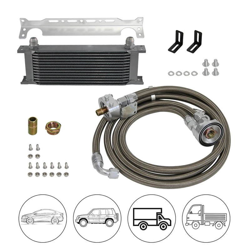 13 Row AN10 Universal Engine Transmission Oil Cooler British Type + Filter Adapter Kit Silver