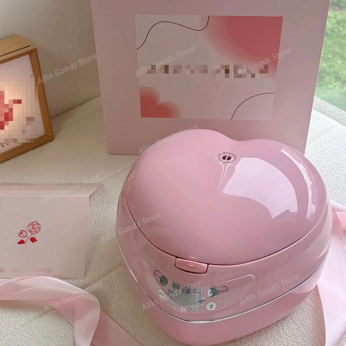 1.8L Pink Heart Shape Rice Cooker 300W Aluminum Alloy Liner Stereo Heating 9 Hours Insulation Smart Timing Gift Pack