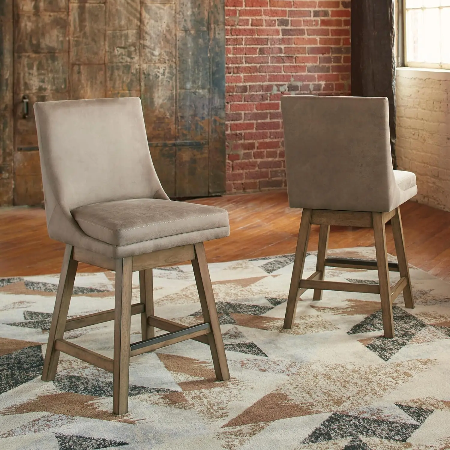 Kursi Bar Tinggi Modern Berlapis Kain Beige, Set 2 dengan Putar dan Sandaran Kaki