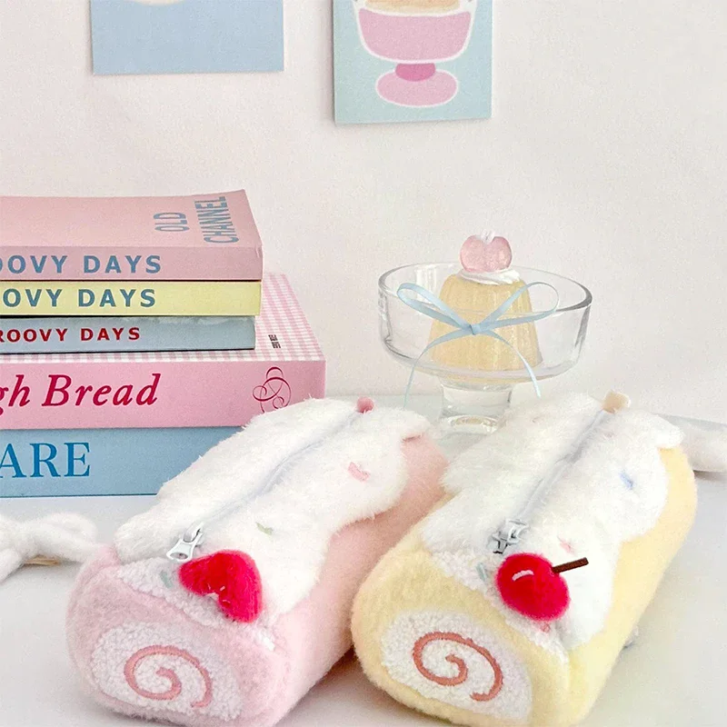 1PC Cute Cream Swiss Roll Plush Pencil Case Large Capacity School Student Stationery Storage Bag