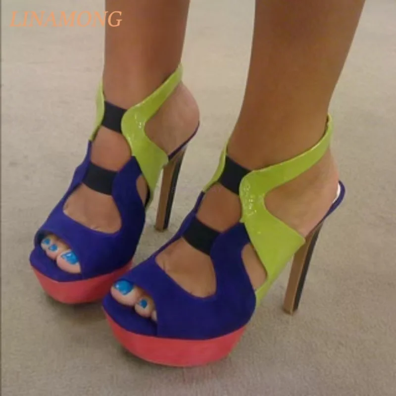 Women's Peep Toe Platform Heels Multicolor Colorblock Suede Patent Cutout Ankle Strap Stiletto Party Club  Streetwear Footwear