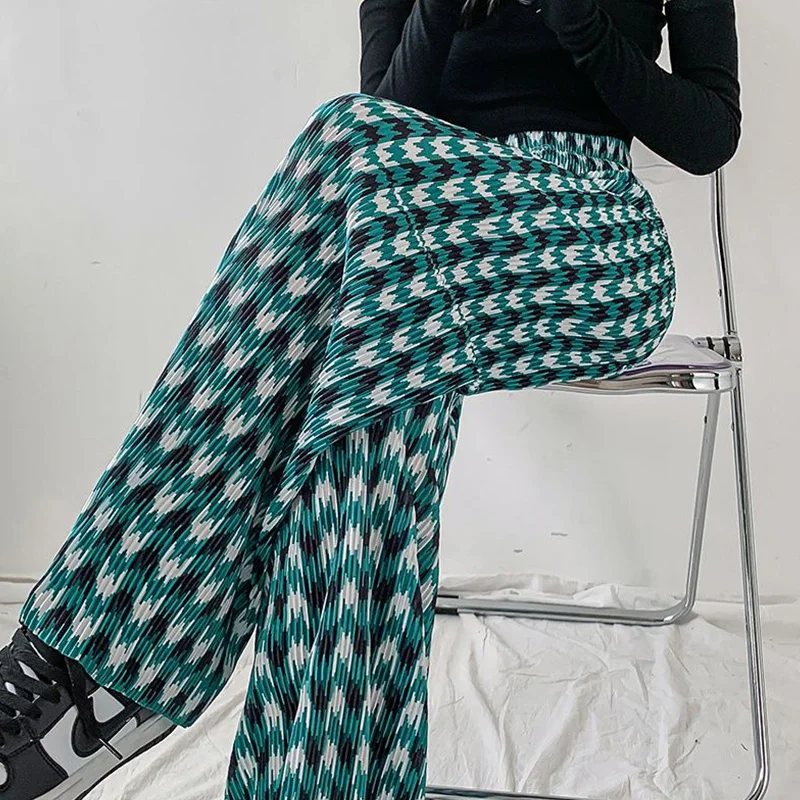 Personality Street Rhombic Lattice Print Drape Straight Trousers Harajuku Pleated Elastic Higt Waist Women Wide Leg Pants Trend