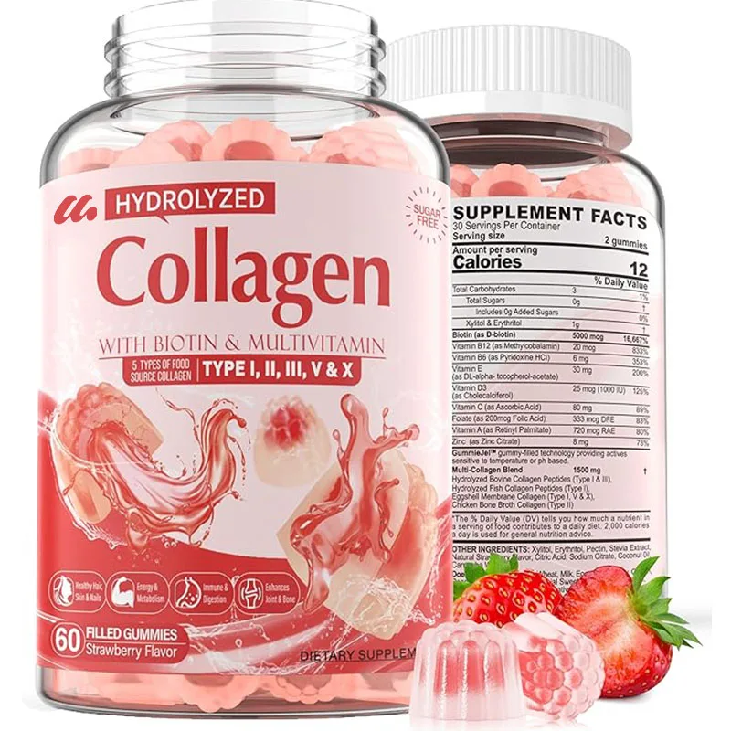 Sugar free hydrolyzed collagen peptide filled gummies-protein types I,II,III,V,X containing biotin, vitamin C, A, E, D3, B6, B12