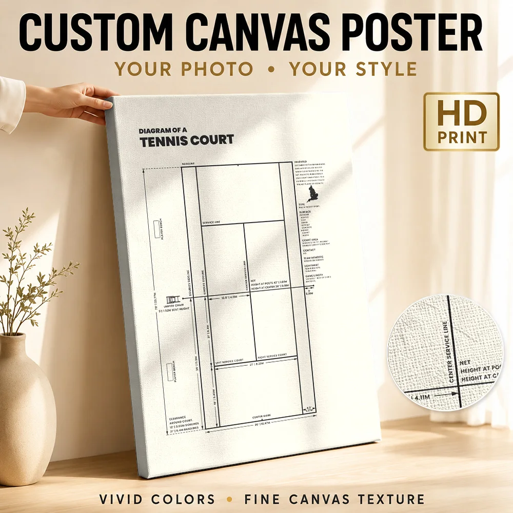 Tennis Court Diagram Canvas Print Poster Custom Sports Portrait Wall Paintings Decoration for Game Room Man Cave Ready to Hang