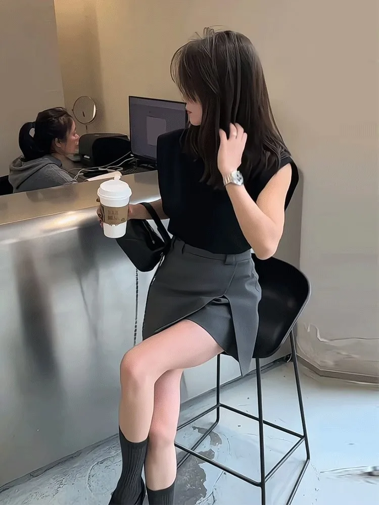 Camiseta Coreana Sle Slim Fit ort Sve para mujer, novedad de verano, falda dividida f Body Faionable, conjunto de dos piezas informal holgado