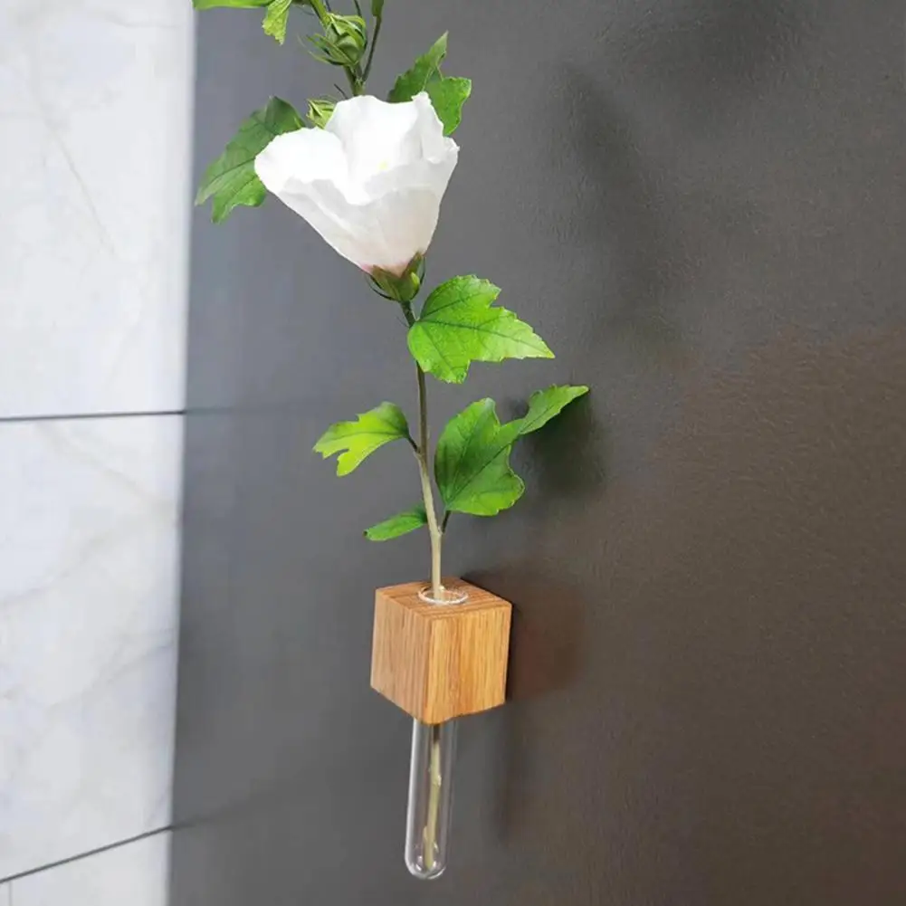 Magnetic Refrigerator Vases Magnets Fridge Door Arrange Flower Decor Wood Glass Flower Bud Cube Vase Natural Plant-Based Vase