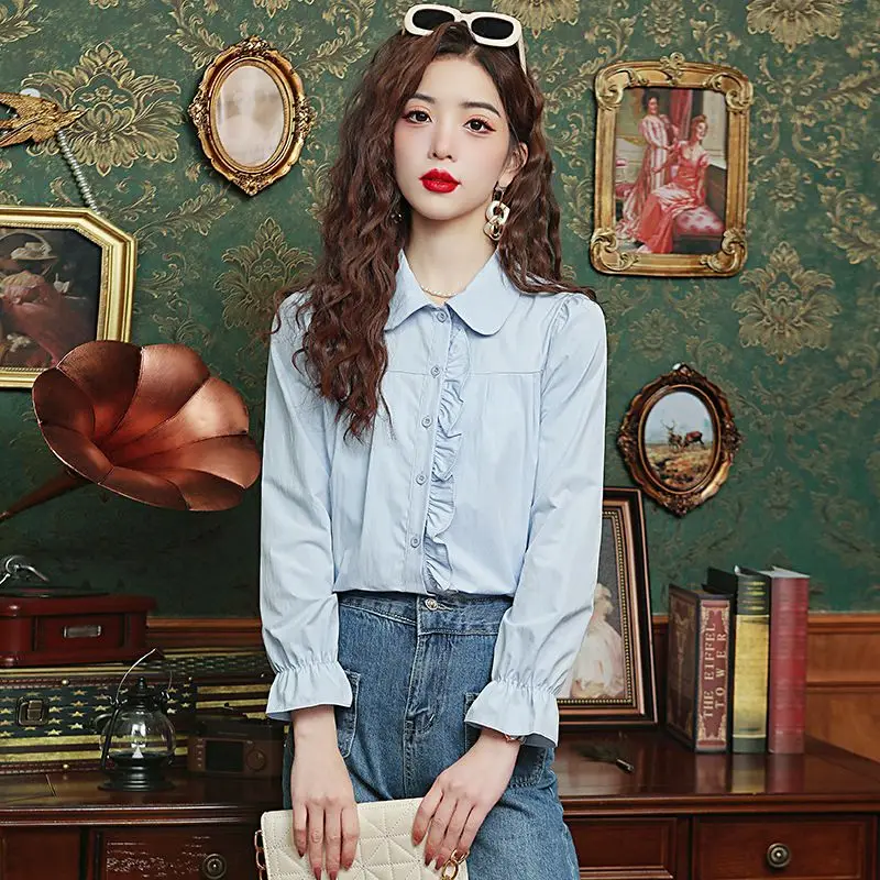 Femme 봄 여름 한국식 심플 버튼 프릴 솔리드 컬러 여성 셔츠 올 매치 패셔너블한 얇은 긴팔 탑