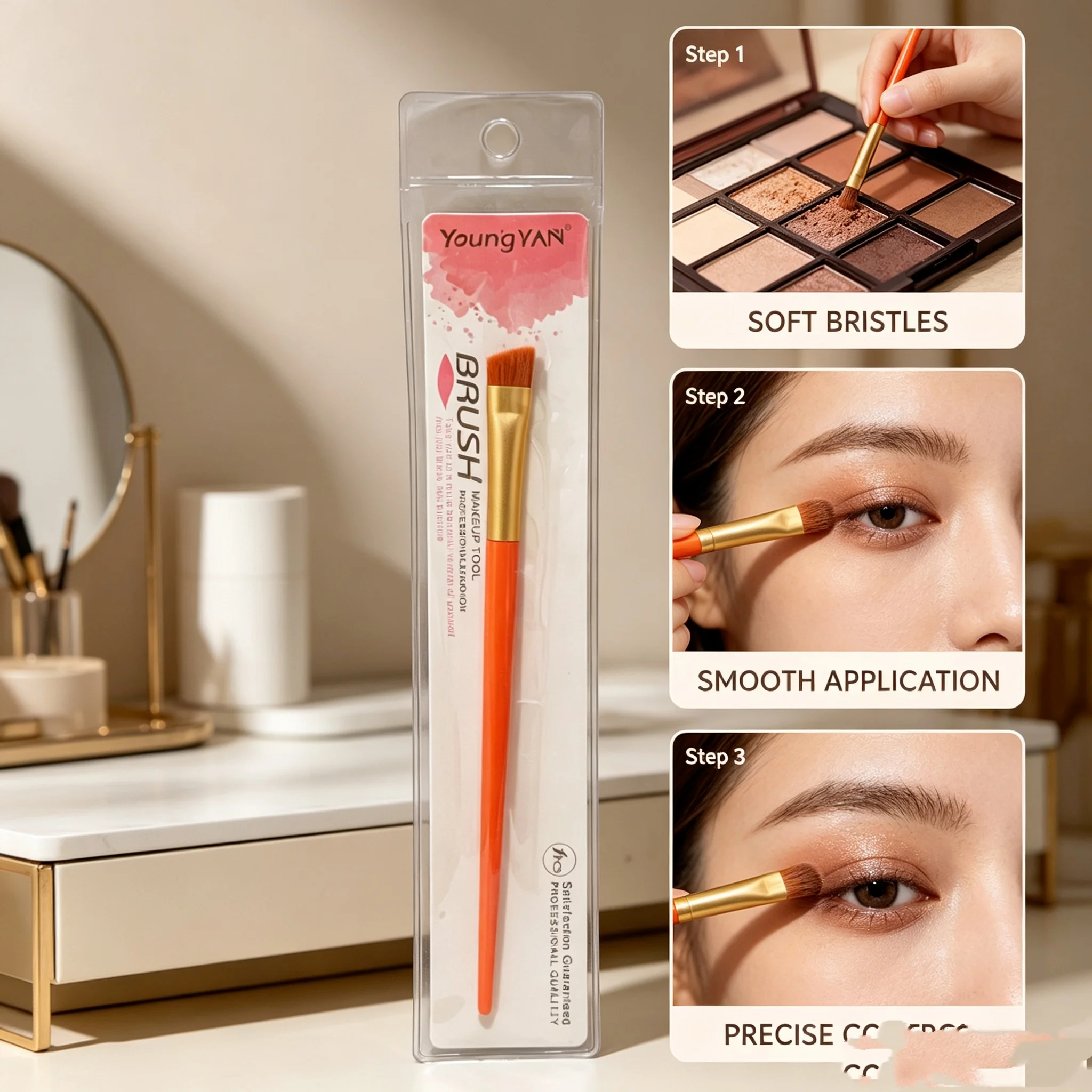 Orange handle razor-edged eyebrow brush, soft-bristled for precise outlining of eyebrow shapes and eyeliner.