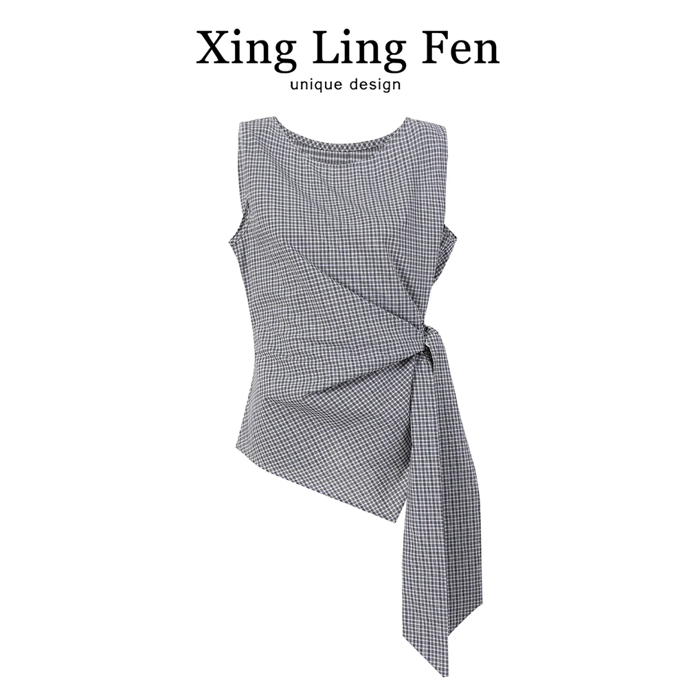 

Летний дизайн Sense ex Plaid Svel irt, женская верхняя одежда с ремешками на талии, утягивающий топ Star Ling Fen