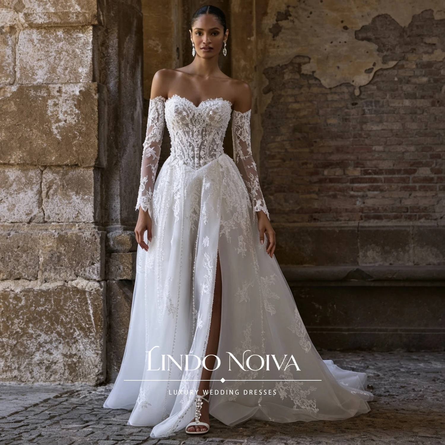 LINDO NOIVA Customized Off The Shoulder Wedding Dress A Line Tulle Bridal Gown High Slit Vintage Lace Applique Vestido De Novia