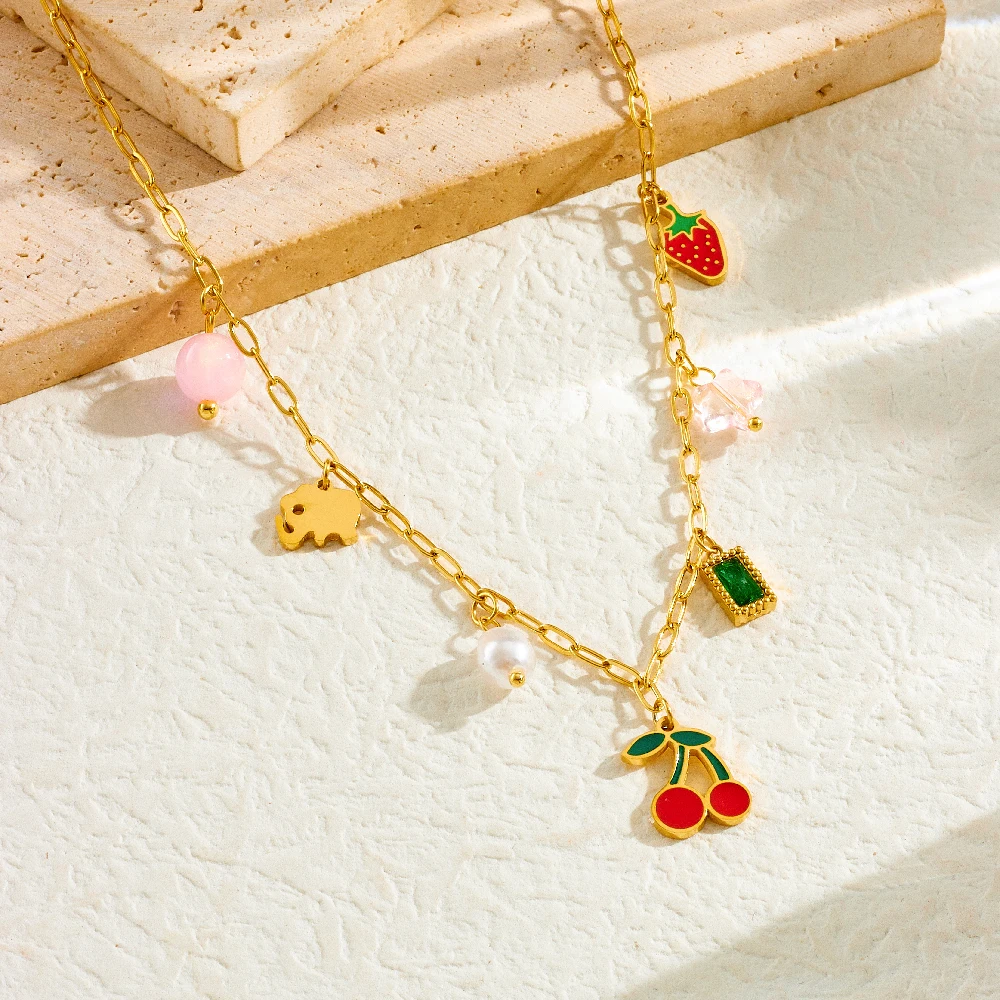 DIEYURO 316L Stainless Steel Pearl Strawberry Cherry Multiple Pendants Necklace For Women Fashion Trend Girl Jewelry Gift Joyas