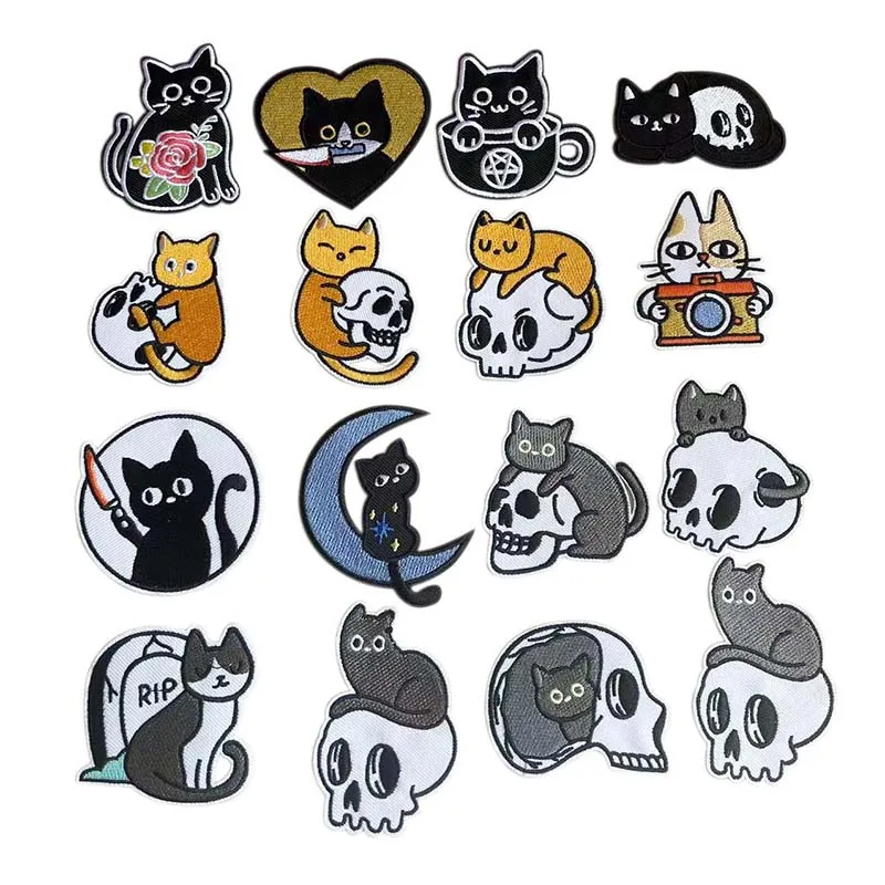 Punk Black Cat,Skull Cats Cloth Patch Repair,Embroidered Applique Iron On Patches,Fabric Sticker Thermocollants For Clothing