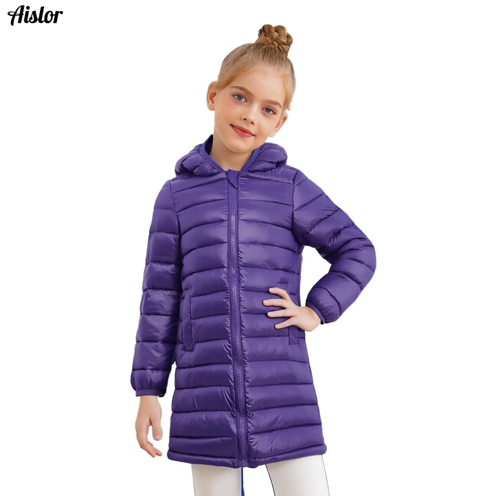 

Kids Girls Hooded Padded Coat Winter Warm Long Sleeves Elastic Cuffs Zipper Solid Color Overcoat Packable Outerwear with Pockets