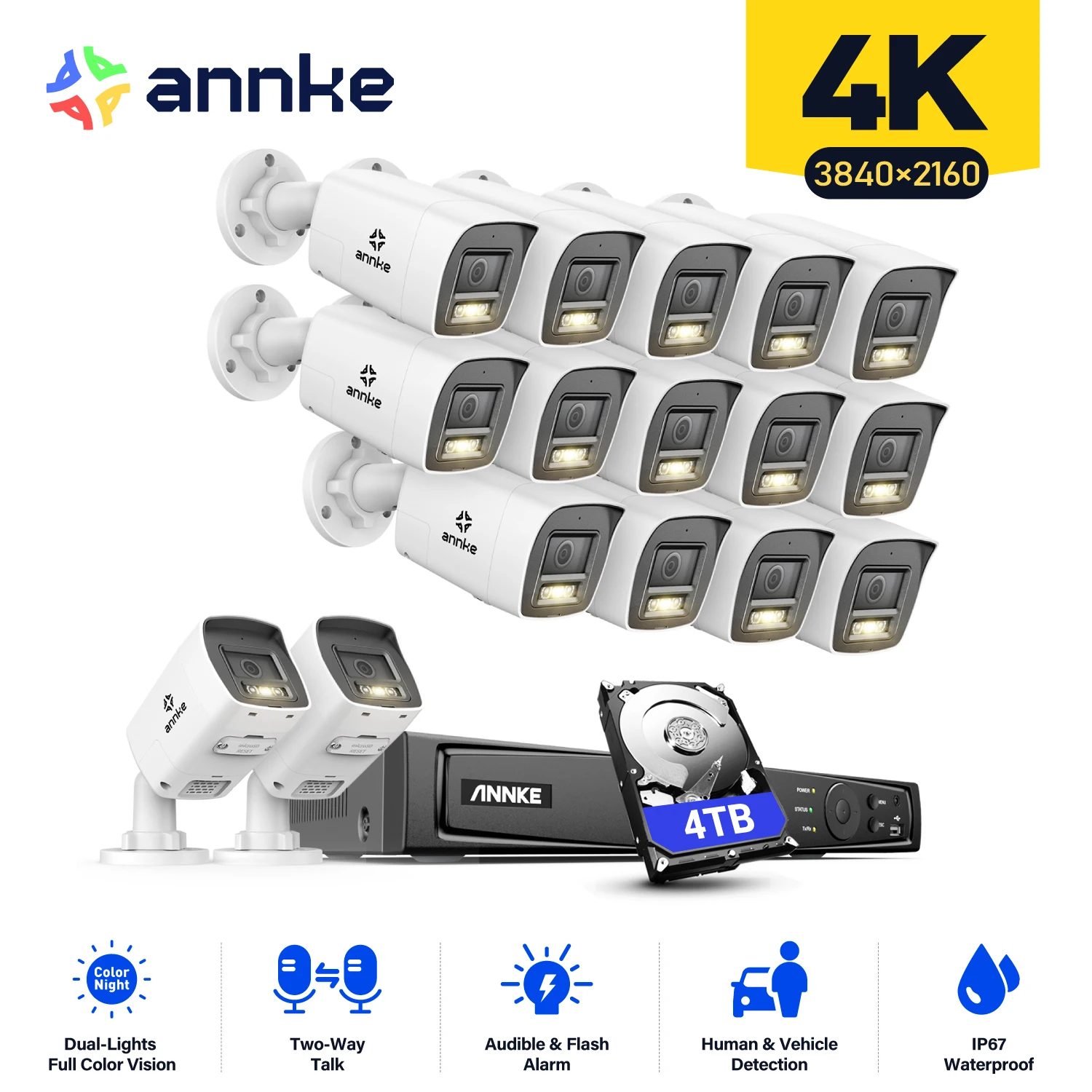 

ANNKE 16CH 4K Ultra HD POE Сетевая система видеонаблюдения 8MP H.265+ IP-камера Поддержка двустороннего аудио Обнаружение людей и транспортных средств 4 мм