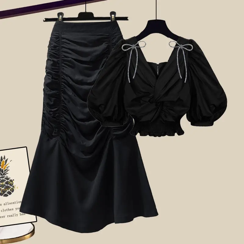 

Летний комплект для женщин больших размеров: топ с пышными рукавами и юбка-рыбка, модный комплект из двух предметов из полиэстера.