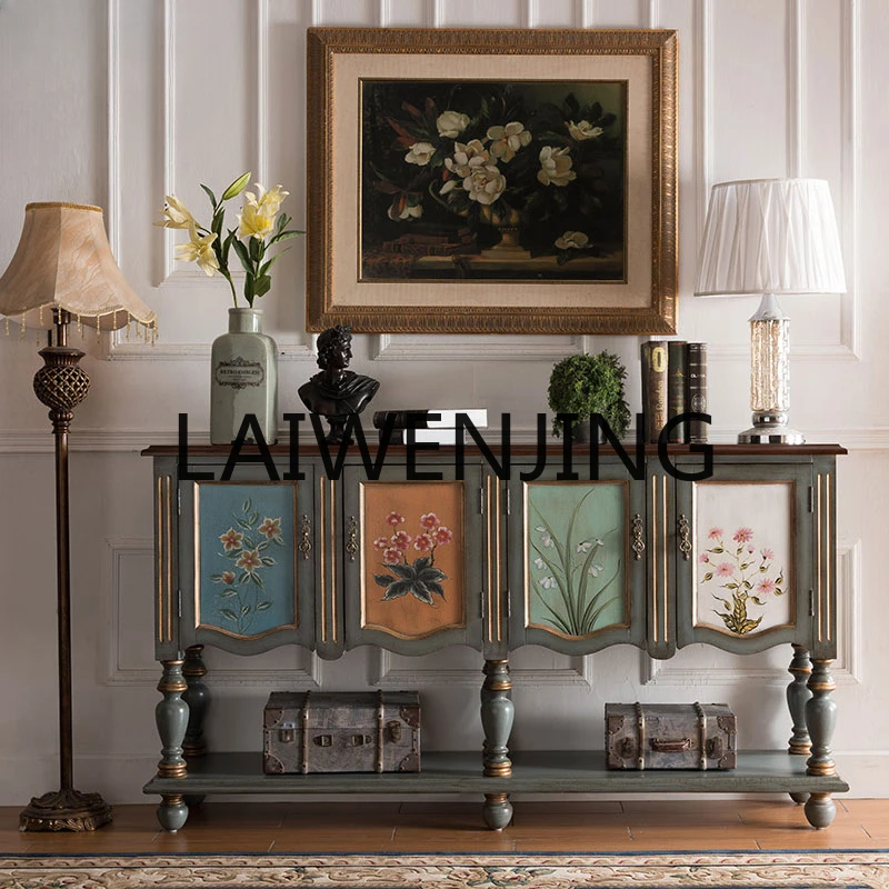 European Style Hallway Solid Wood American Side Cabinet Mediterranean View Table Long Side Table Lobby Altar Crack Paint