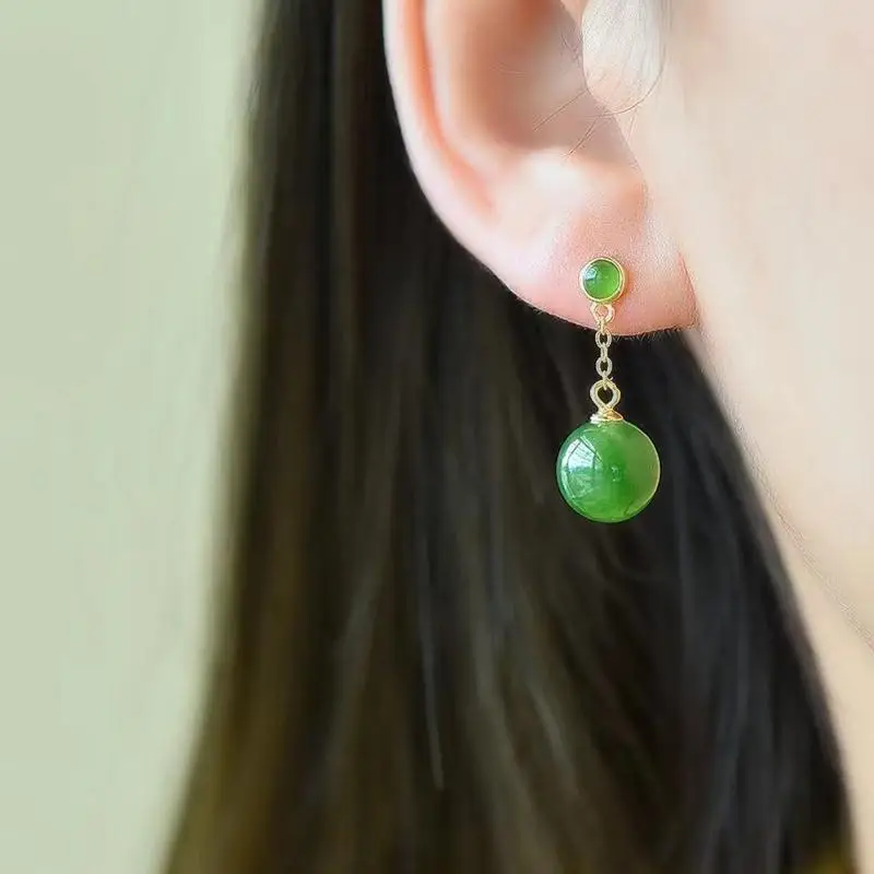 Original Design Silver Inlaid Spinach Green Hetian Jasper Round Beads Women\'s Earrings Simple Chinese Fresh Jewelry