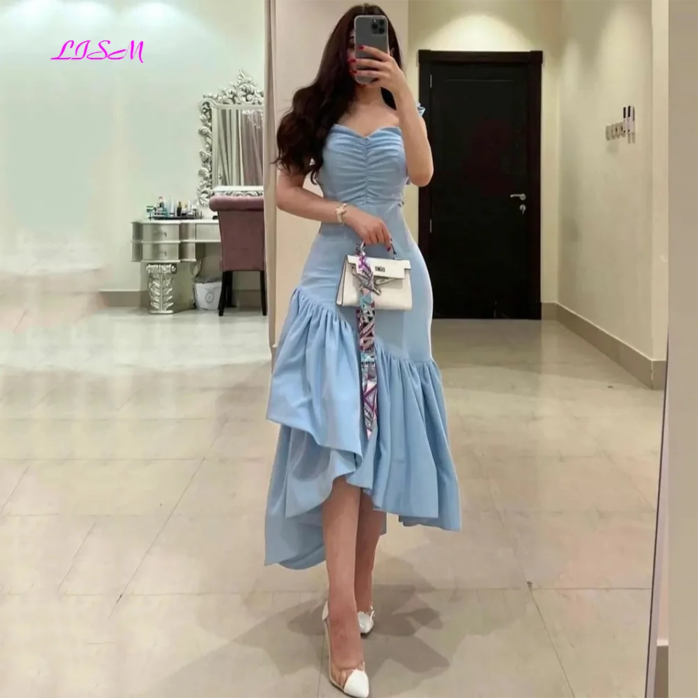 

Sky Blue Midi Prom Dresses Saudi Arabia Mermaid Evening Gowns Pleats Asymmetrical Women Formal Wedding Party Dress