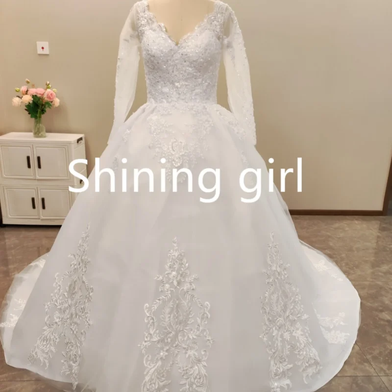 Customized Elegant Lace A-line Wedding Dress 2025 Long Sleeves Bride Gowns Applique O-Neck Sweep Train vestidos de novia