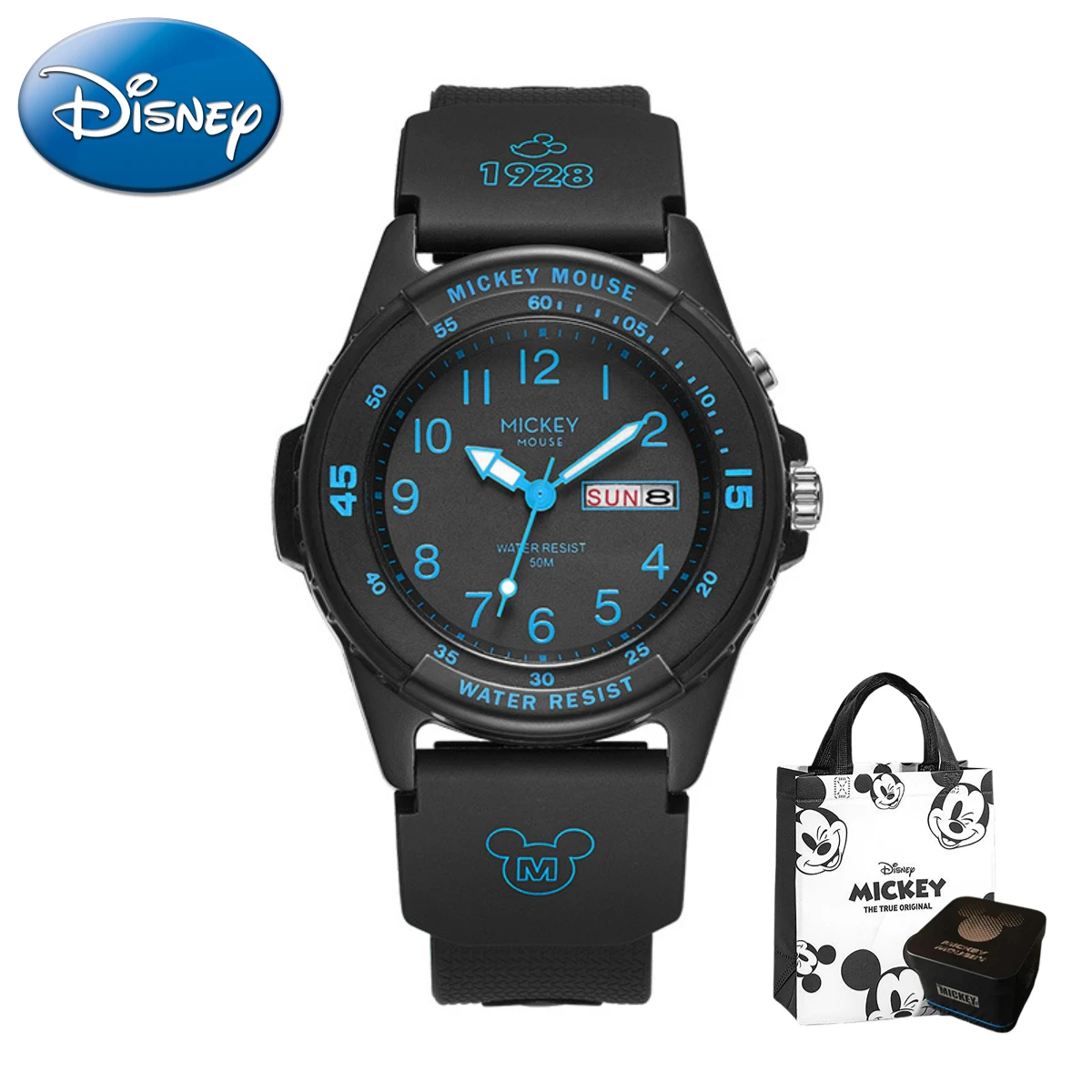 Disney-mickey relógio de quartzo para crianças, dual display, co-marca, calendário, semana, estudante, presente com caixa