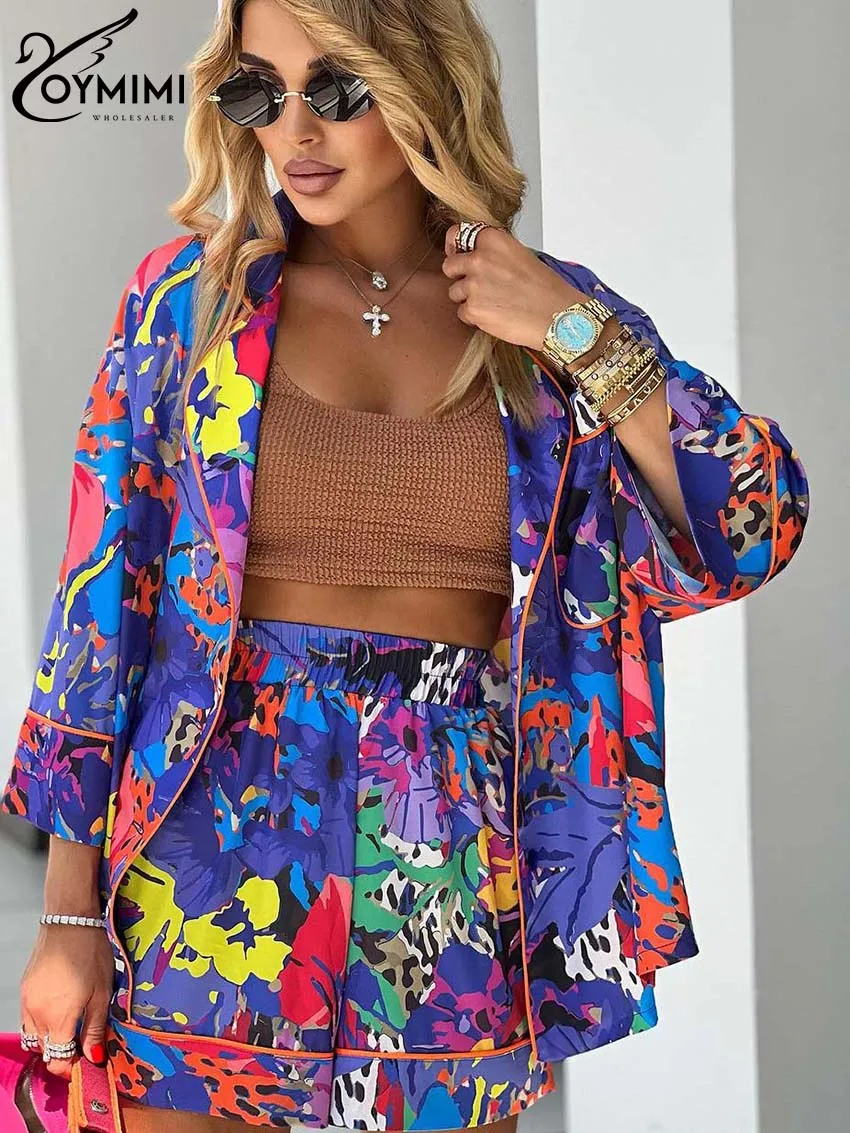 Oymimi Casual Purple Print Women 2 Piece Set Outfit Elegant Lapel Three Quarter Sleeve Button Shirts And High Waist Shorts Sets