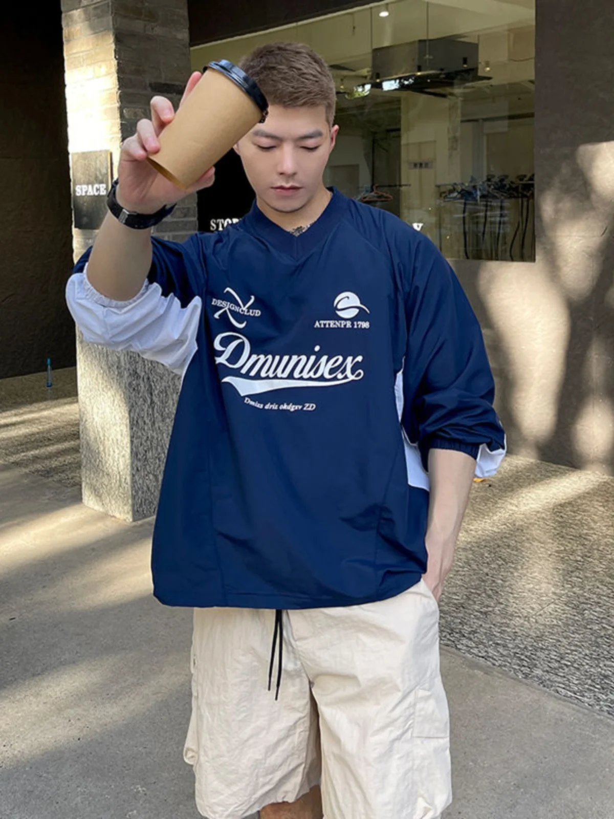 plus Size 300 Pounds American Retro V-neck Long Sleeve Men's T-shirt Spring Autumn High Sensation Splicing Base Top Clothes
