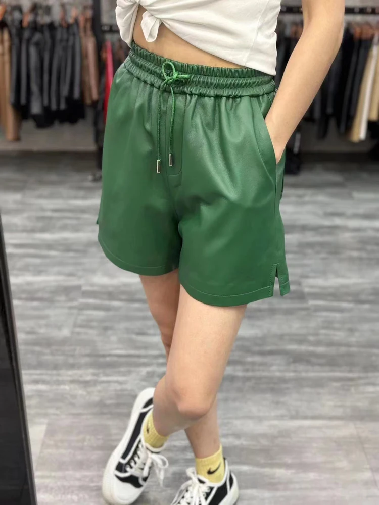 Leather Clothes For Women 2024 Feminino Sheepskin Casual Green Black Shorts Mujer Pockets Drawstring Slit Sexy Mini Booty Pants