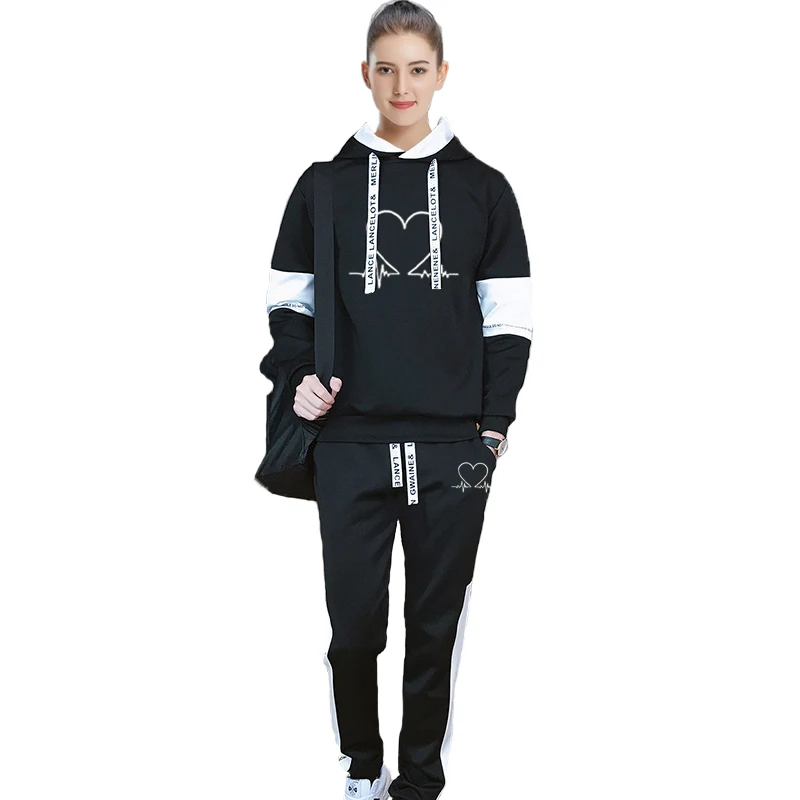 Mens Womens Tracksuit Hooded Sweatshirt+Pants 2 Pcs Sets High Quality Black White Lovers Clothing Hot sales Casual Jogging Suit