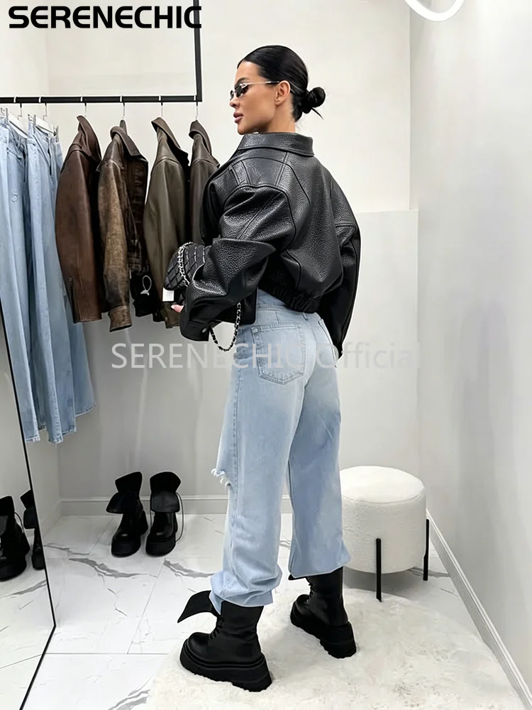 SERENECHIC Textured PU Aviator Coat with Elastic Hem Women's Black Cropped Faux Leather Jacket New Vintage Outerwear Female