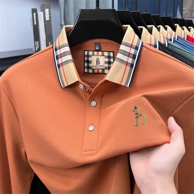 Herren Herbst Neues Original Modisches Baumwoll-Print-Polohemd Knitterfreies Einfarbiges Langarm-T-Shirt Vielseitige Herrenbekleidung – Detail 6