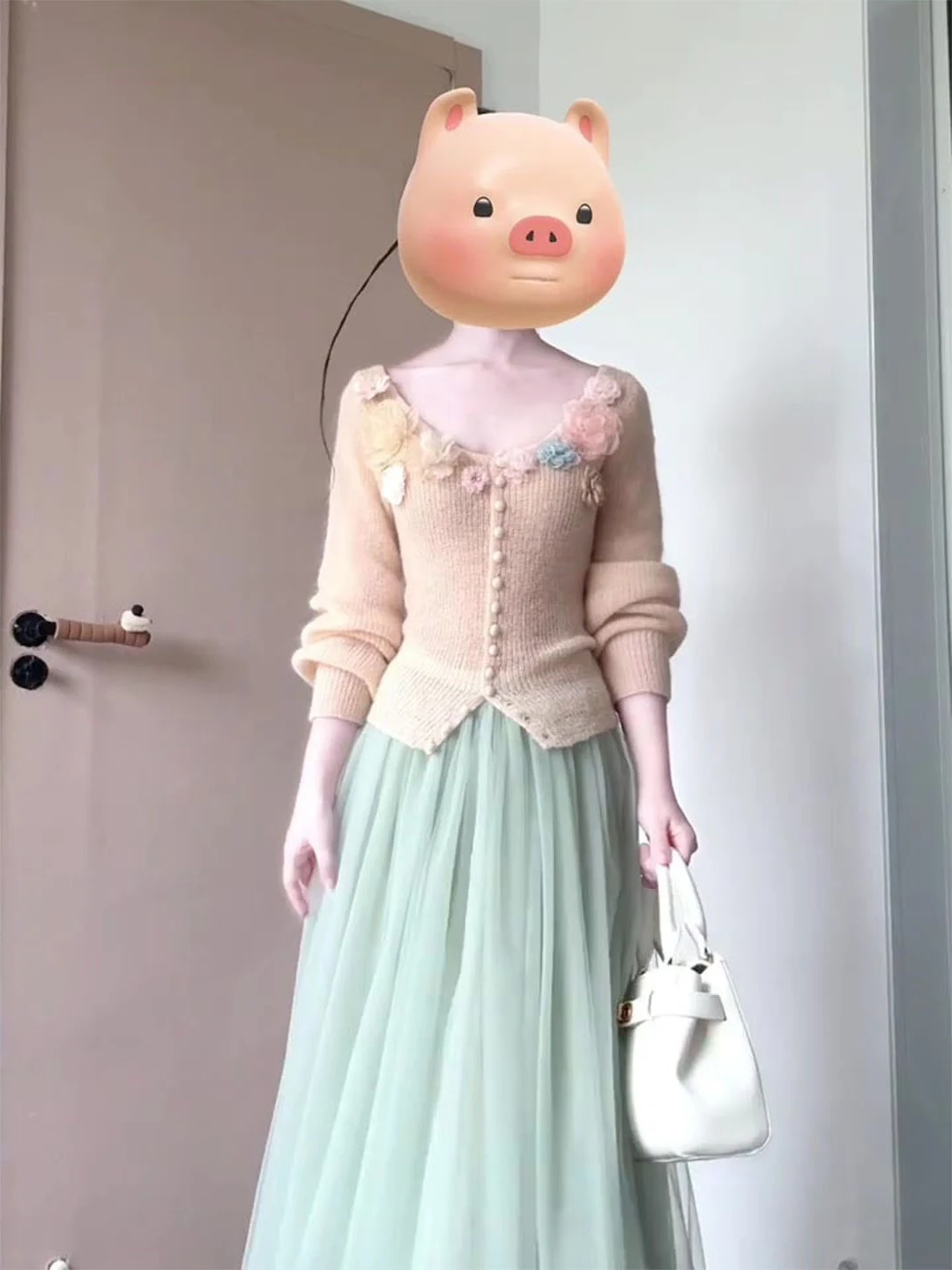 

Elegant V-neck Embroidered Knitted Open Cardigan Top High-waist Mesh Skirt Two-piece Set Women's Fashion Spring Casual Wear