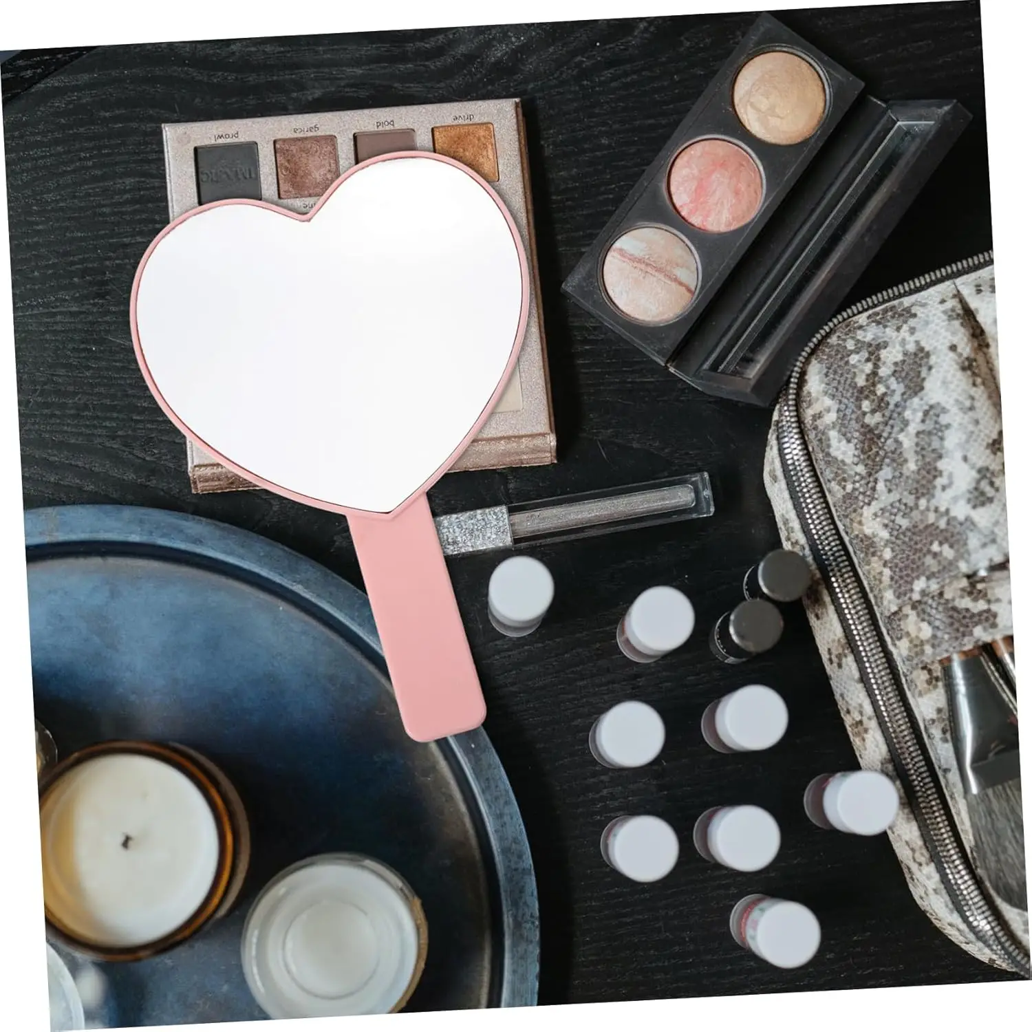 กระจกพกพาทรงหัวใจพร้อมที่ถอนขนคิ้ว กระจกแต่งหน้าแบบพกพา กระจกมือถือน่ารักสำหรับโกนหนวด ด้านเดียว