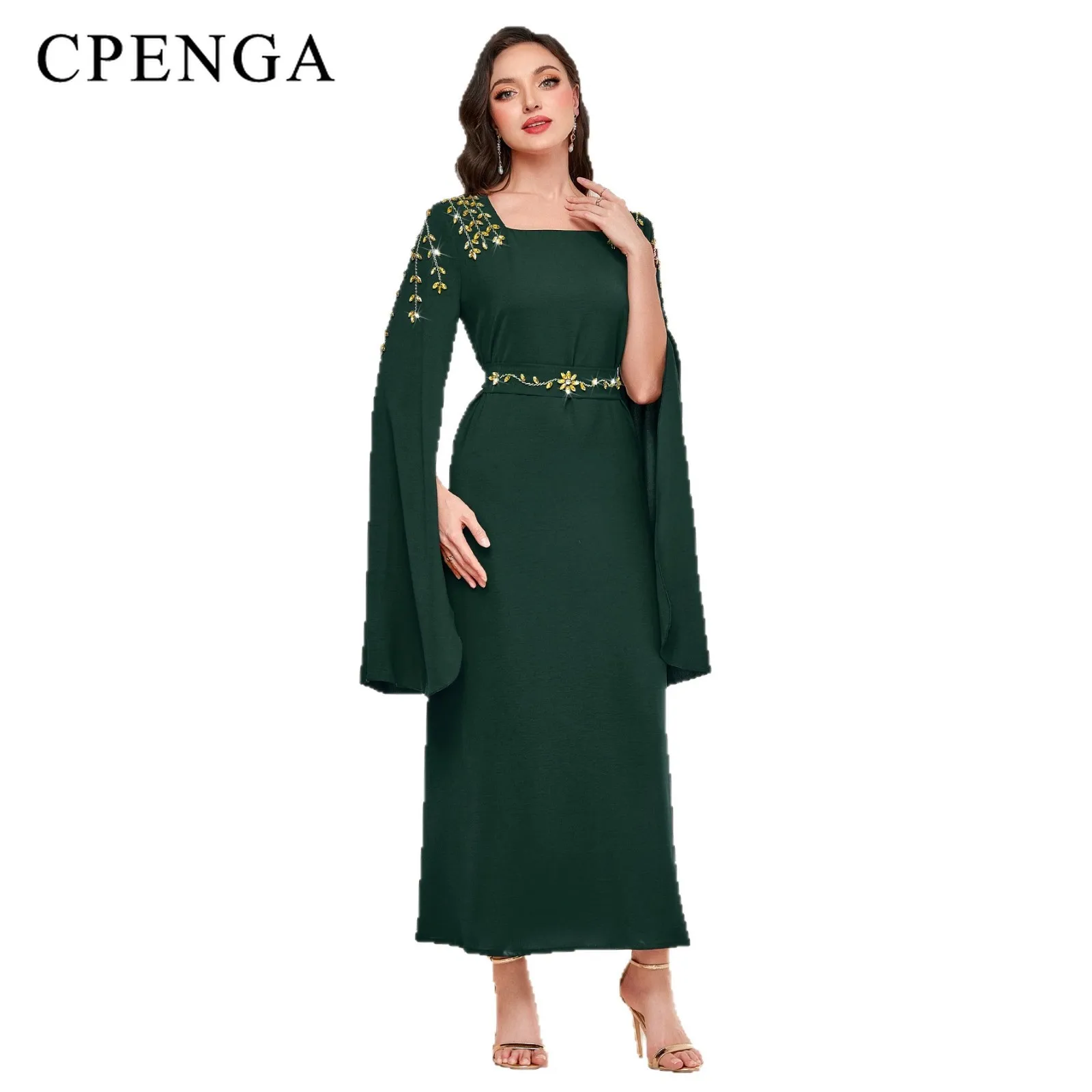 Women's Modest Muslim Dress Dubai Abaya Cape Split Sleeve Floral Embroidered Maxi Long Robe Elegant Evening Gown with Belt