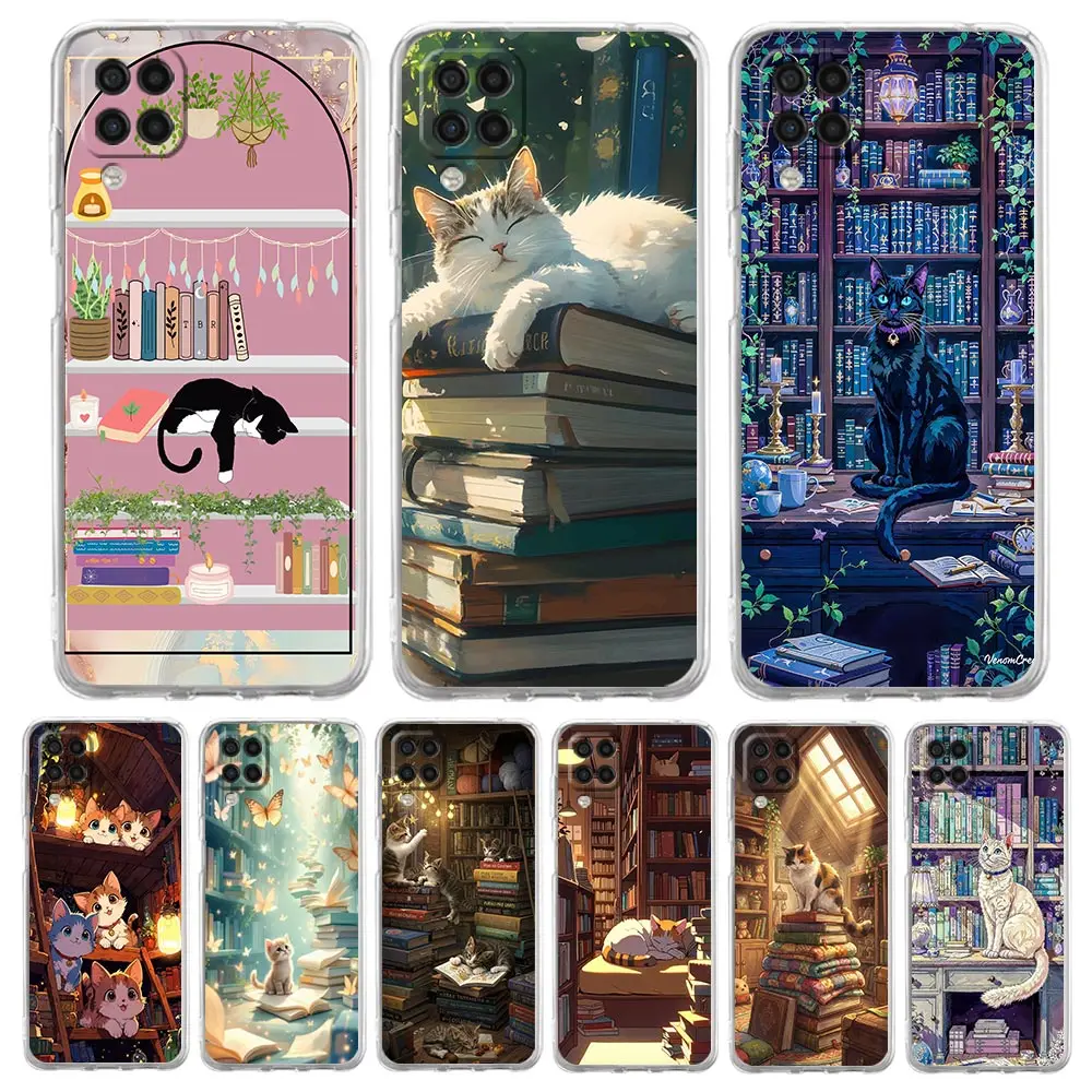 Soft TPU for Samsung Galaxy A13 A15 A17 A23 A25 A32 A33 A35 A52 A53 A55 5G Transparent Phone Case Butterfly Cat Bookshelf Design