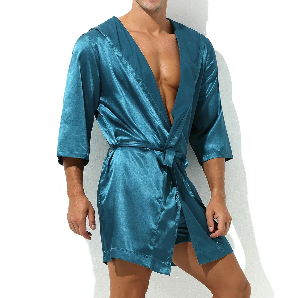 Men Sexy Pajamas Sleepwear Silk Pijama Hombre Hooded Bathrobe Men Bath 5 Color Set Summer Dress Bath Robe With Shorts Underpants