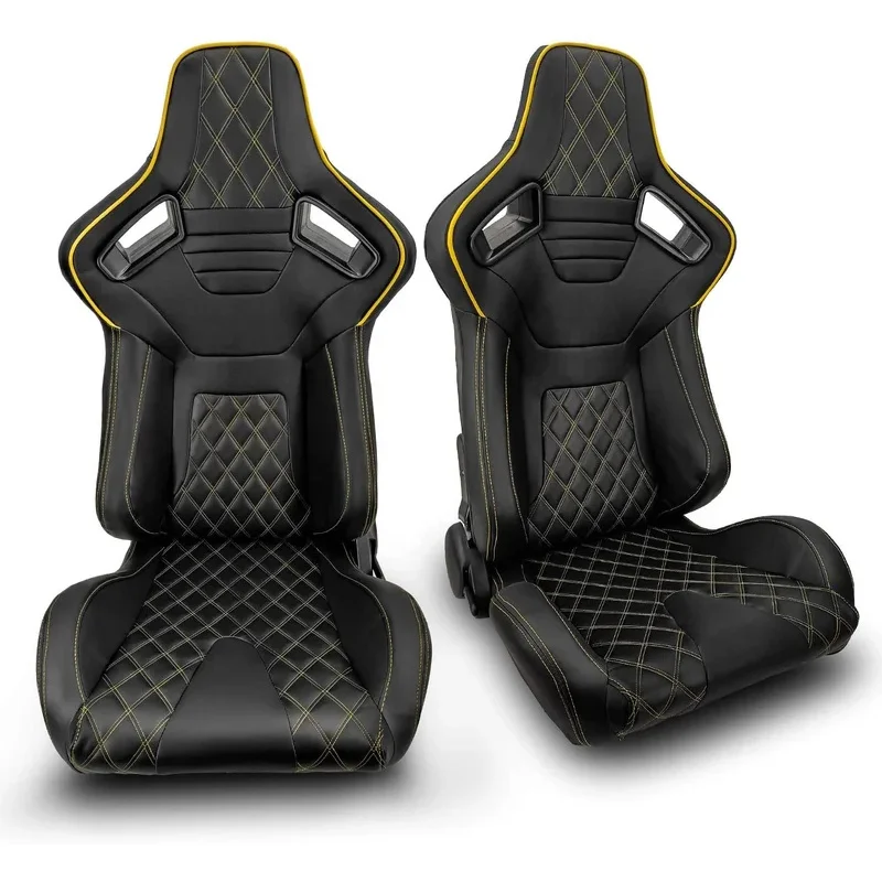 

Черные гоночные сиденья-ковши из ПВХ-кожи с желтой строчкой и двойными направляющими