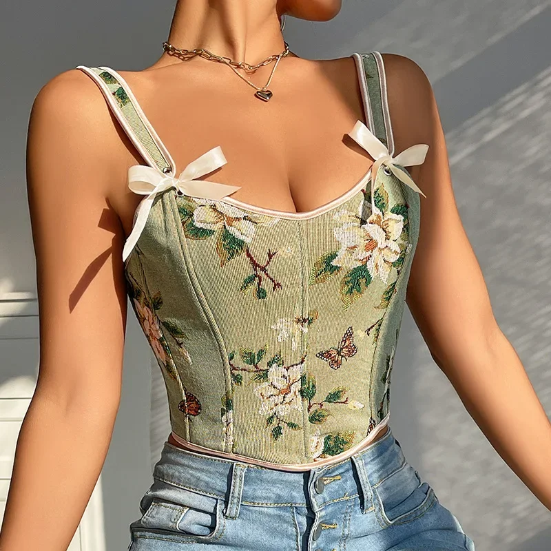 Cute Floral Butterfly Youth Woman Tank Y2k Korean Style Trend Chic Elegant Streetwear Lady Sexy Harajuku Slim Fit Vest Crop Top