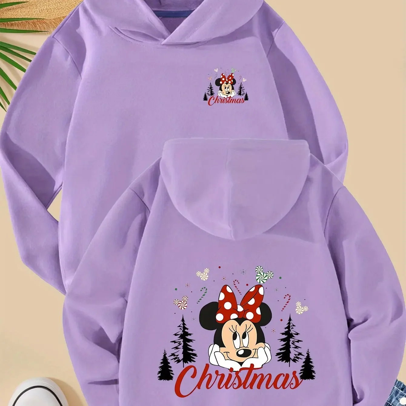 

Girls' Minnie Mouse Christmas Hoodie - Double-Sided Printed Pink Pullover with Snowflakes