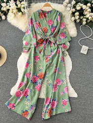 Summer Ladies Temperament V-neck Floral Bell-sleeved Jumpsuit New Lace-up Waist Female Slim Loose Wide-leg Trousers Women D1258