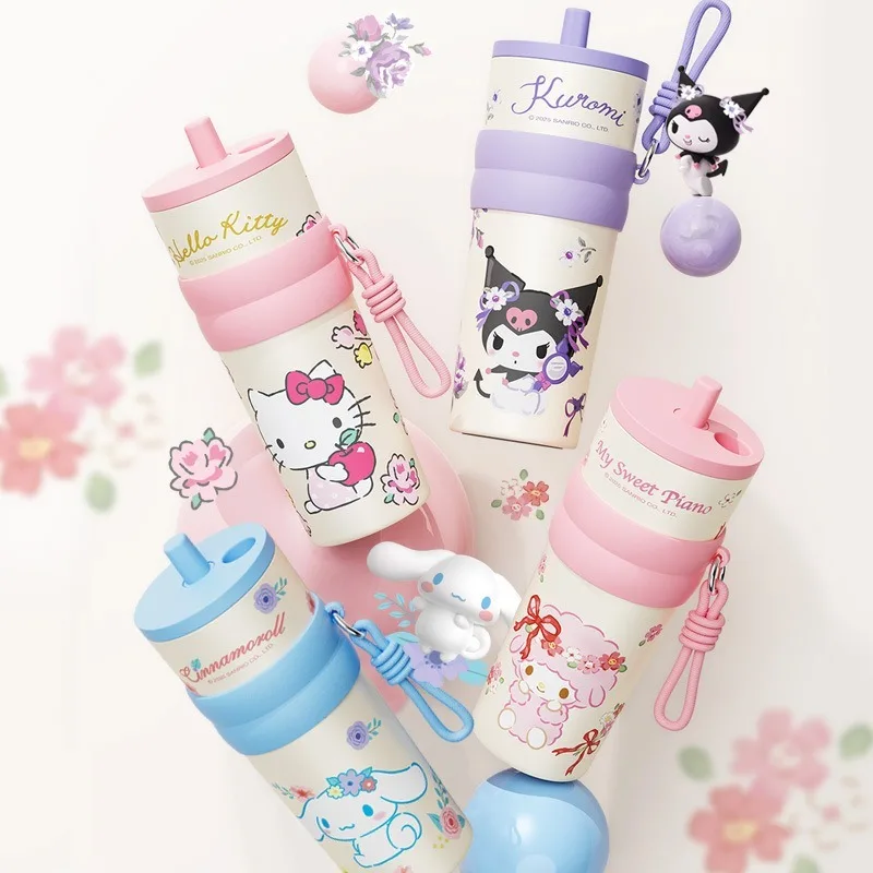 

Новый изолированный стакан Sanrio Hello Kitty с вакуумной изоляцией и соломинкой, милый термос Kuromi Melody, чашка для горячего и холодного кофе, подарок