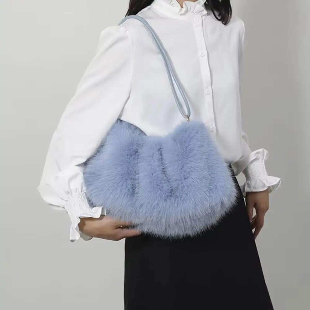 Portable Solid Color Fluffy Shoulder Bag Warm Soft Tote Bag Zipper Large Capacity Faux Fur Hobo Bag Party