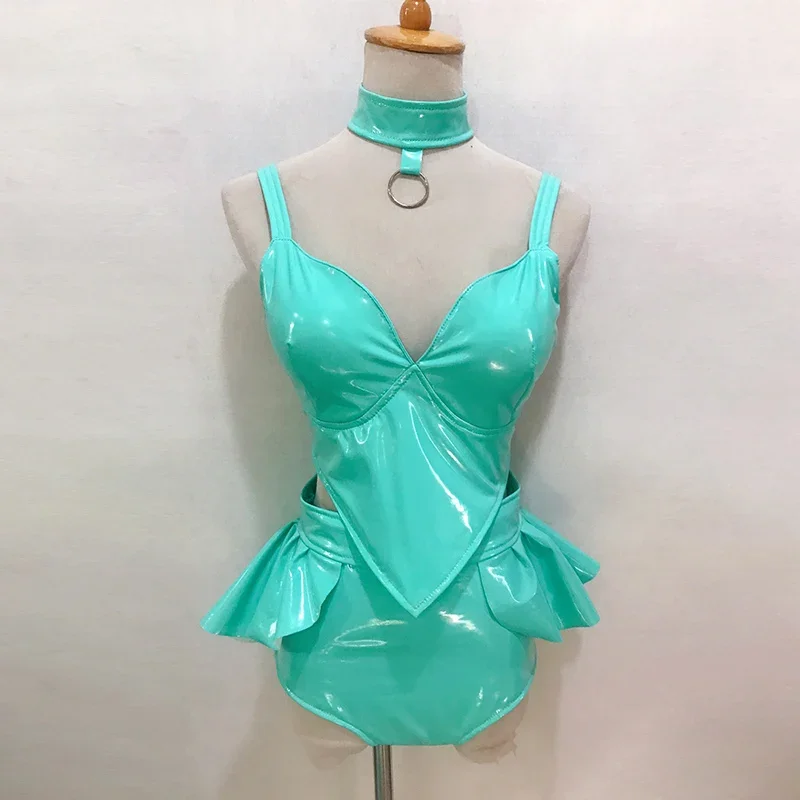 

Nightclub Bar Pole Dance Costume Pu Leather Jazz Dance Clothing Adult Gogo Dancer Performance Wear Dj Ds Rave Outfit yj544