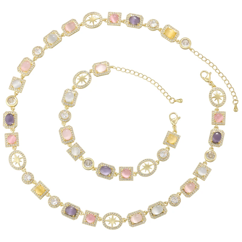ZHUKOU Luxus Bunte Stern CZ Stein Armband Halskette Damen Vintage Minimalist Rosa Party Zubehör Körperkette: VL699 VL700