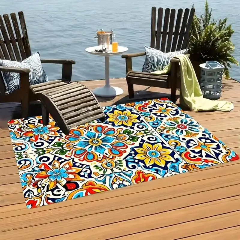 VIKAMA Large Outdoor Rug Featuring a Colorful Mexican Floral Design Carpet  Large Area Floor Mat Camping Floor Mat Bedside Rugs
