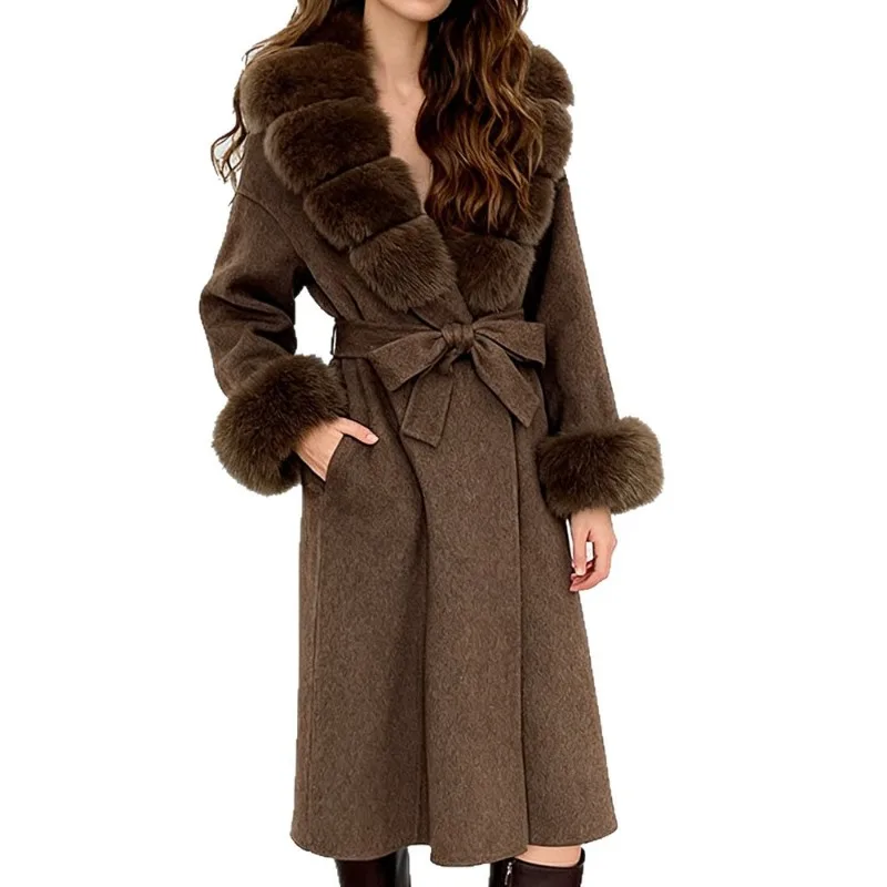 2026 High-quality Wool Coat Women's Long Cashmere Overcoat Autumn Winter Real Fox Fur Collar Loose Outerwear Streetwear Coats